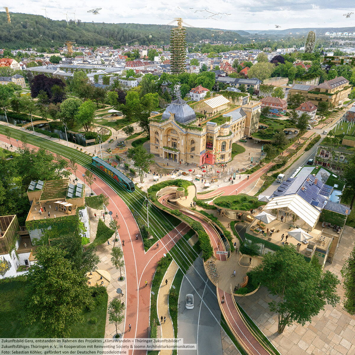 Theaterplatz der Stadt Gera als Zukunftsbild von oben: Das Zukunftsbild zeigt einen grüneren und verkehrsberuhigteren Stadtraum.