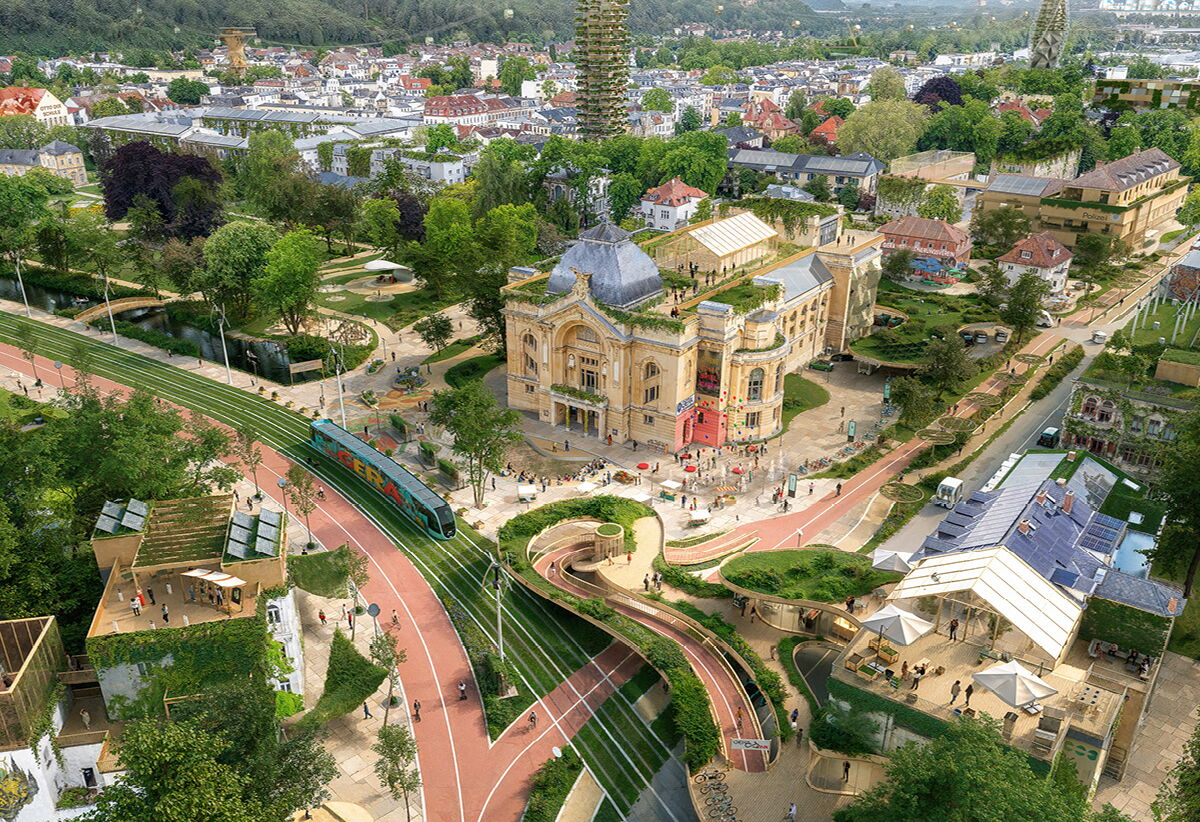 Theaterplatz der Stadt Gera als Zukunftsbild von oben: Das Zukunftsbild zeigt einen grüneren und verkehrsberuhigteren Stadtraum.