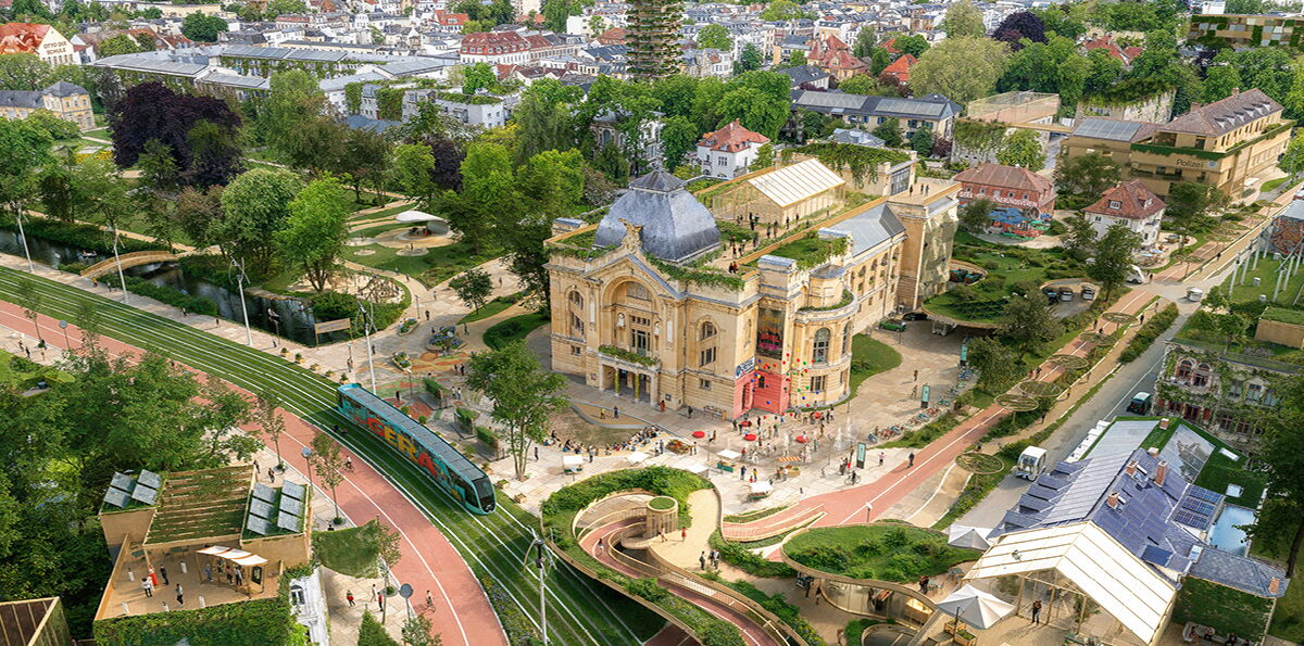 Theaterplatz der Stadt Gera als Zukunftsbild von oben: Das Zukunftsbild zeigt einen grüneren und verkehrsberuhigteren Stadtraum.