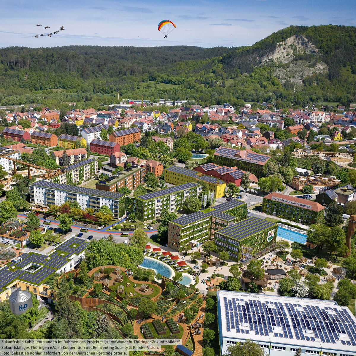 Porzellanquartier der Stadt Kahla als Zukunftsbild von oben: Das Zukunftsbild zeigt begrünte Gebäude, entsiegelte Flächen und neue Wasserflächen.
